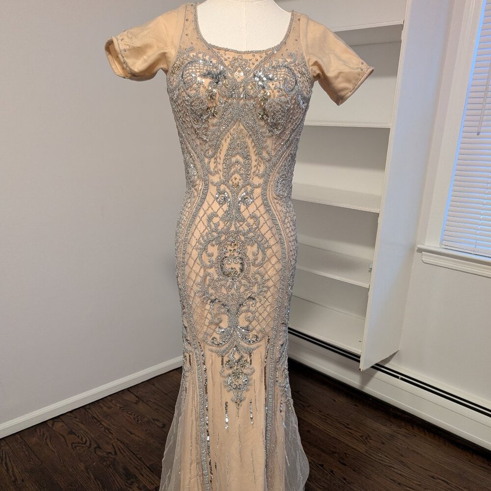 Colors Couture Embellished Beige Silver Gown Sz 2